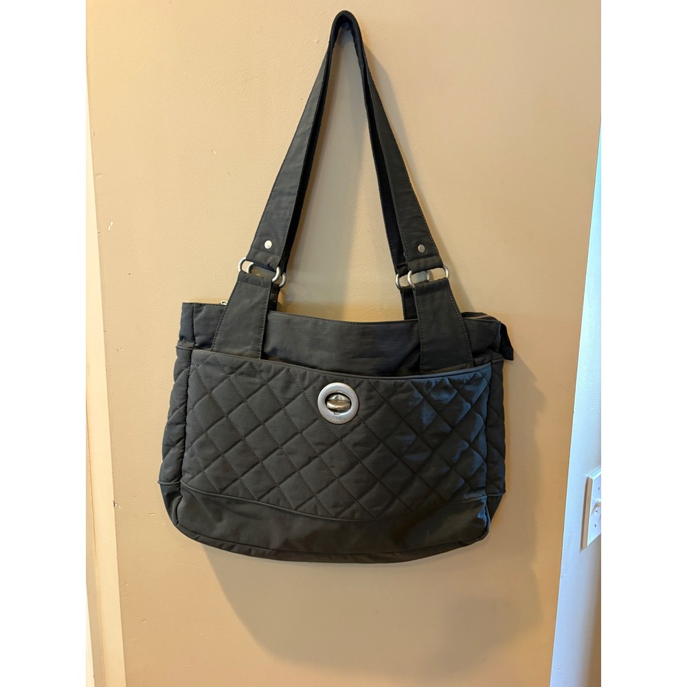 Baggallini Quilted Gray Nylon Tote Bag Pink lining  Padded  Sleeve Organizer